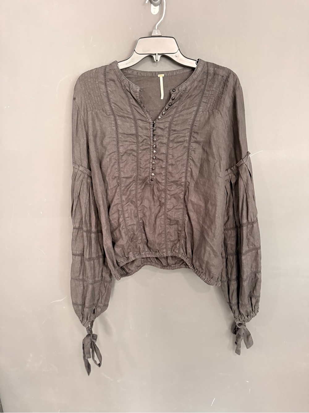 Free People Taupe Button-Front Peasant Top